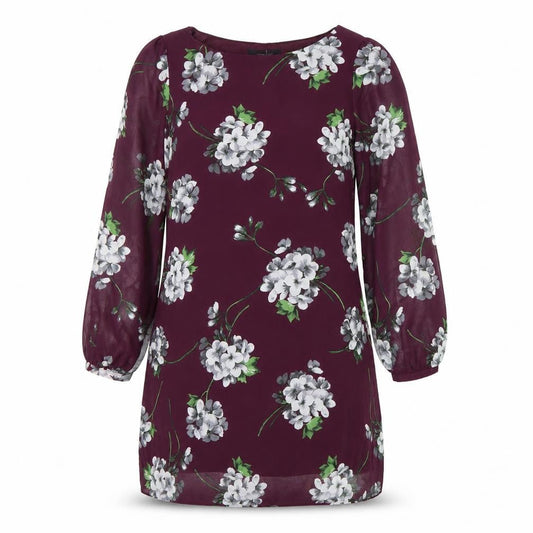 Front view of Atmosphere Women Purple Floral Shift Dress, size 12, Long Sleeve
