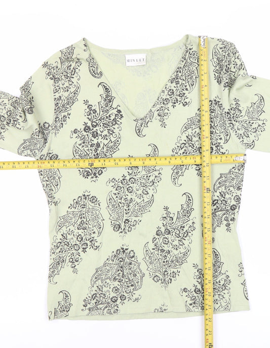 Minuet Womens Green Paisley Knit V-Neck 3/4 Sleeve Blouse UK 12