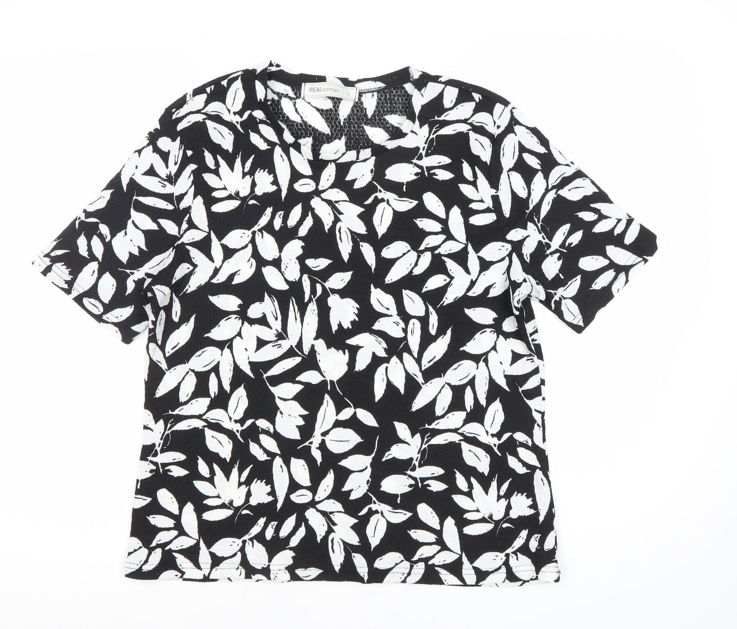 REALwoman Womens Black Floral Short Sleeve T-Shirt Size L