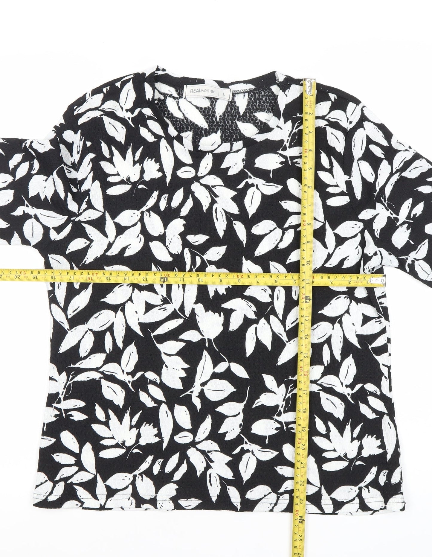 REALwoman Womens Black Floral Short Sleeve T-Shirt Size L