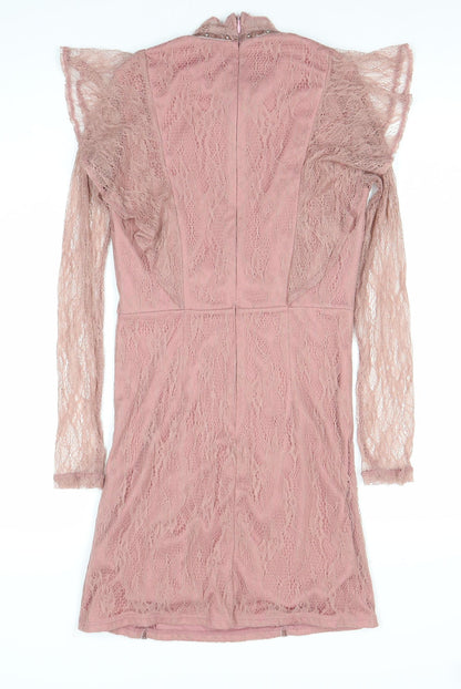 Topshop Women’s Pink Lace Bodycon Dress Size 8 Long Sleeve Party