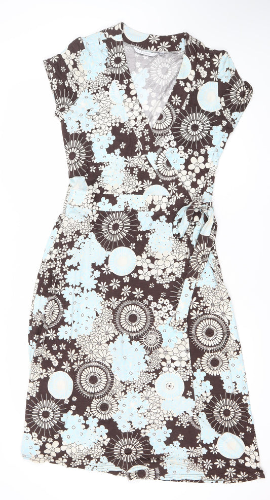 J Taylor Women’s Brown Blue Floral Wrap Dress Size 14 V-Neck