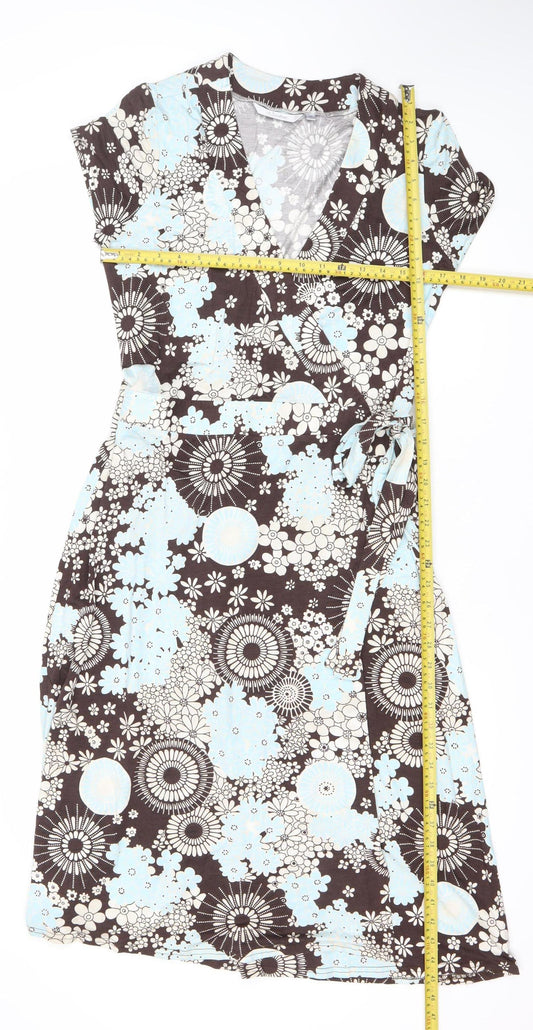 J Taylor Women’s Brown Blue Floral Wrap Dress Size 14 V-Neck