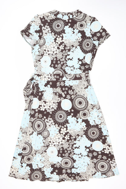 J Taylor Women’s Brown Blue Floral Wrap Dress Size 14 V-Neck