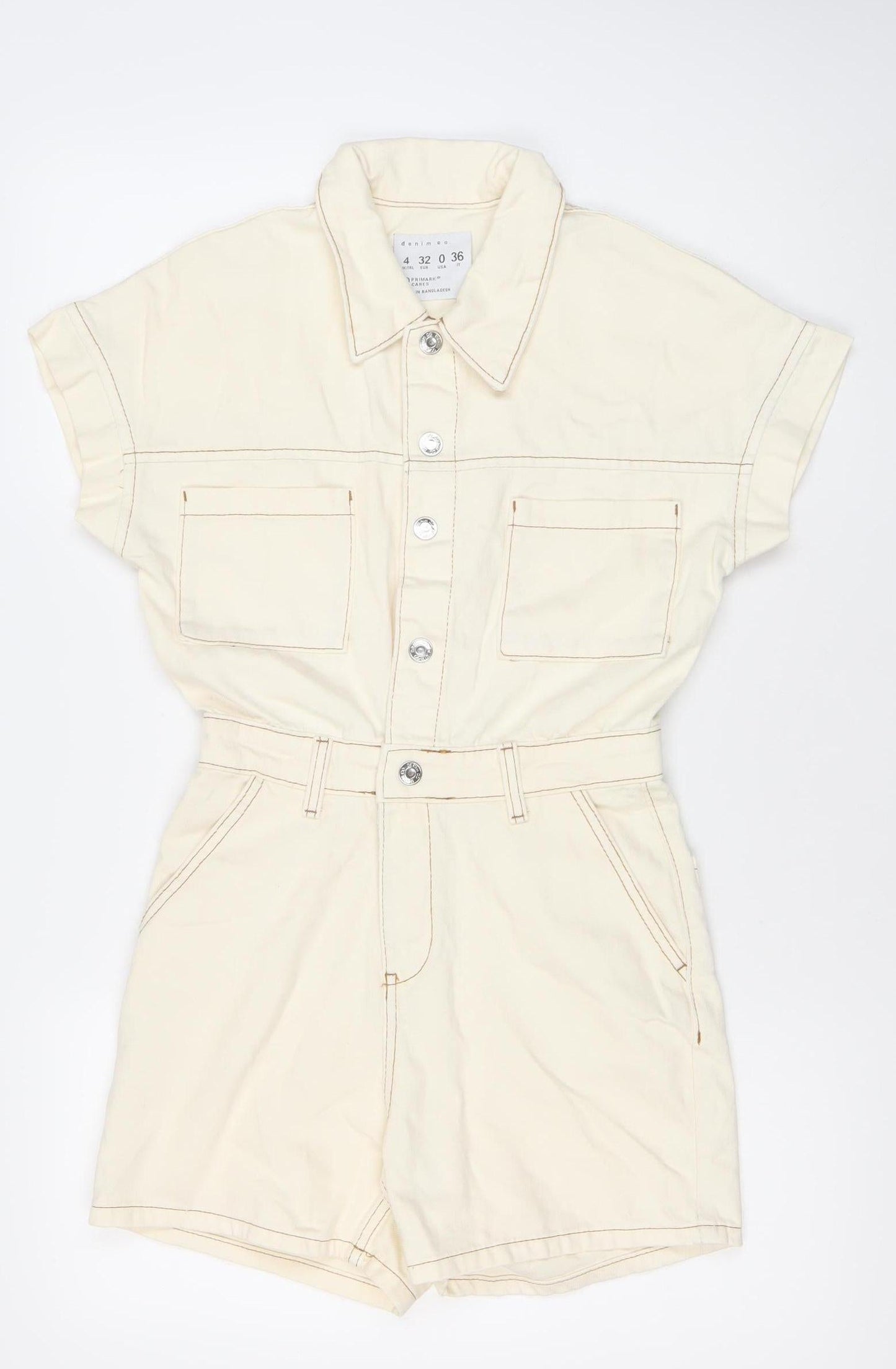 Primark Women’s Ivory Cotton Playsuit Size 4 Short Sleeve Collared