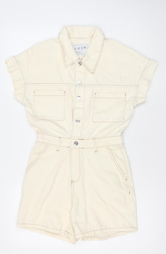 Primark Women’s Ivory Cotton Playsuit Size 4 Short Sleeve Collared
