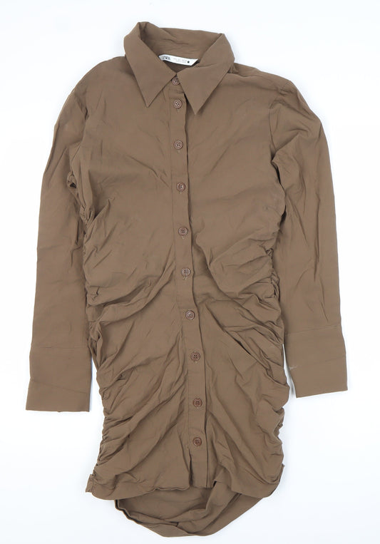 Zara Women Brown Shirt Dress Size 12 Collared Ruched Long Sleeve