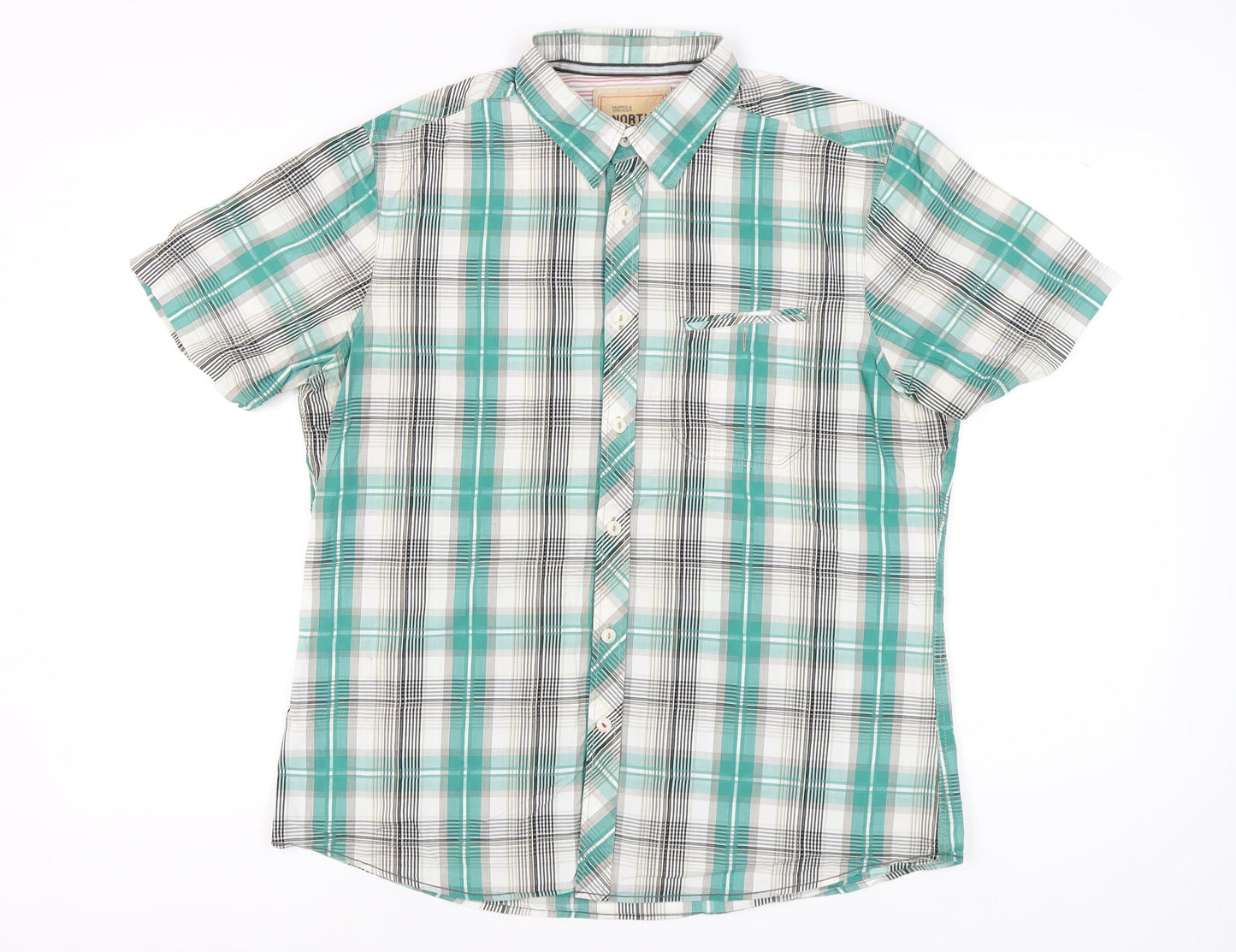 Marks and Spencer Men's Green Plaid Cotton Short Sleeve Button-Up Shirt L 41-43"