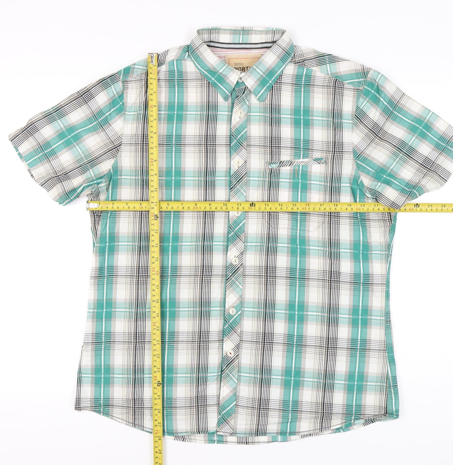 Marks and Spencer Men's Green Plaid Cotton Short Sleeve Button-Up Shirt L 41-43"