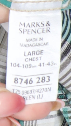 Marks and Spencer Men's Green Plaid Cotton Short Sleeve Button-Up Shirt L 41-43"