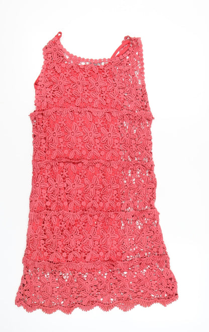 Solitaire Women’s Pink Crochet Shift Dress Size S Sleeveless Boho Summer