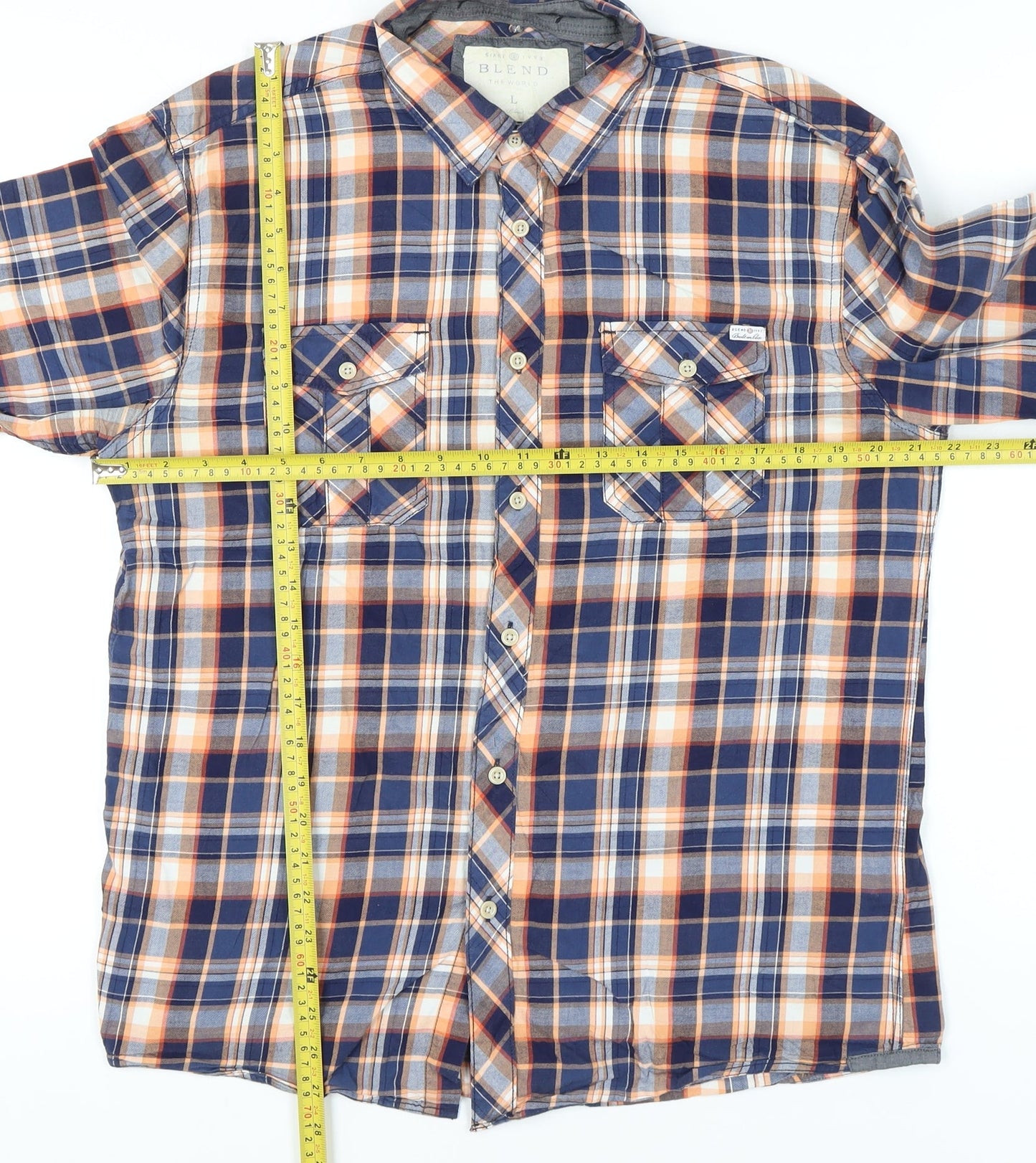Blend Men's Blue Plaid Cotton Long Sleeve Button-Up Shirt L