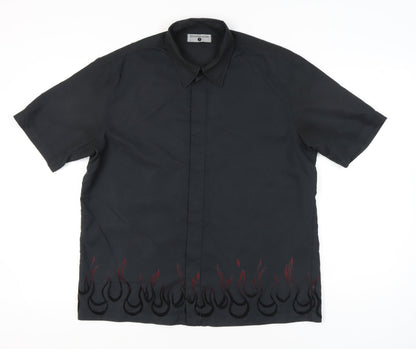 Jonathan Adams Men’s Black Flame Embroidered Button-Up Shirt L
