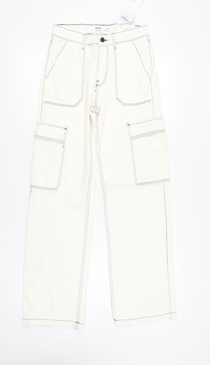 Bershka Women Ivory Cargo Jeans Size 6 Straight Fit Denim