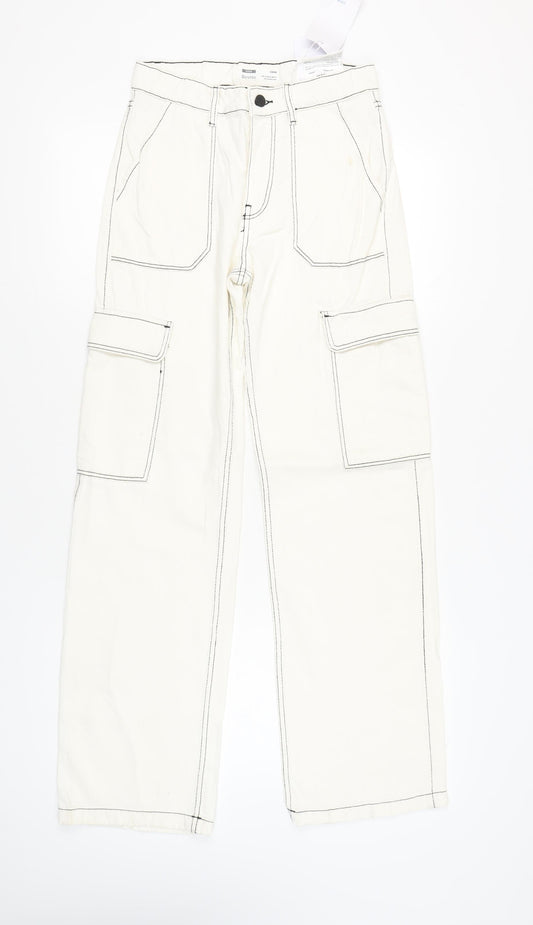 Bershka Women Ivory Cargo Jeans Size 6 Straight Fit Denim