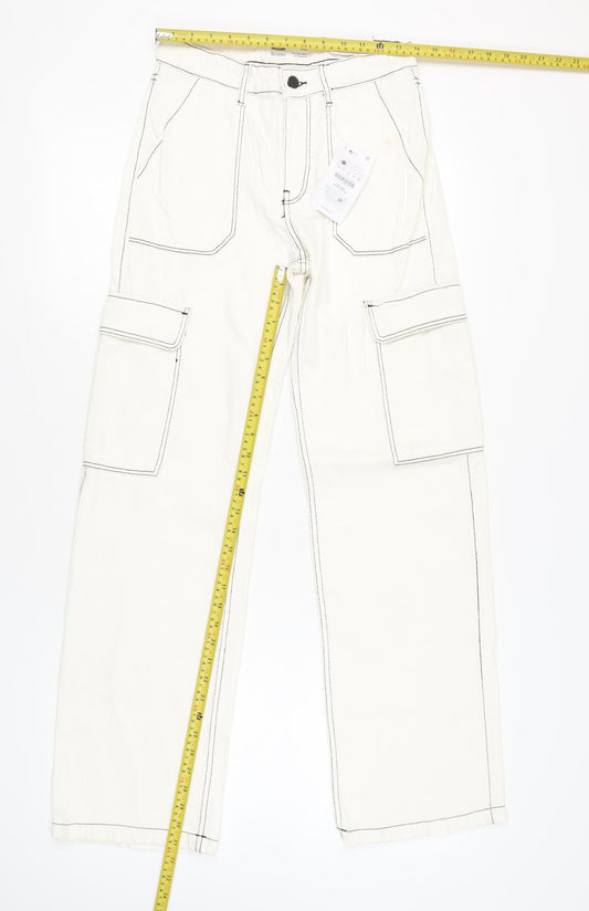 Bershka Women Ivory Cargo Jeans Size 6 Straight Fit Denim