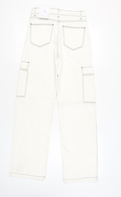 Bershka Women Ivory Cargo Jeans Size 6 Straight Fit Denim