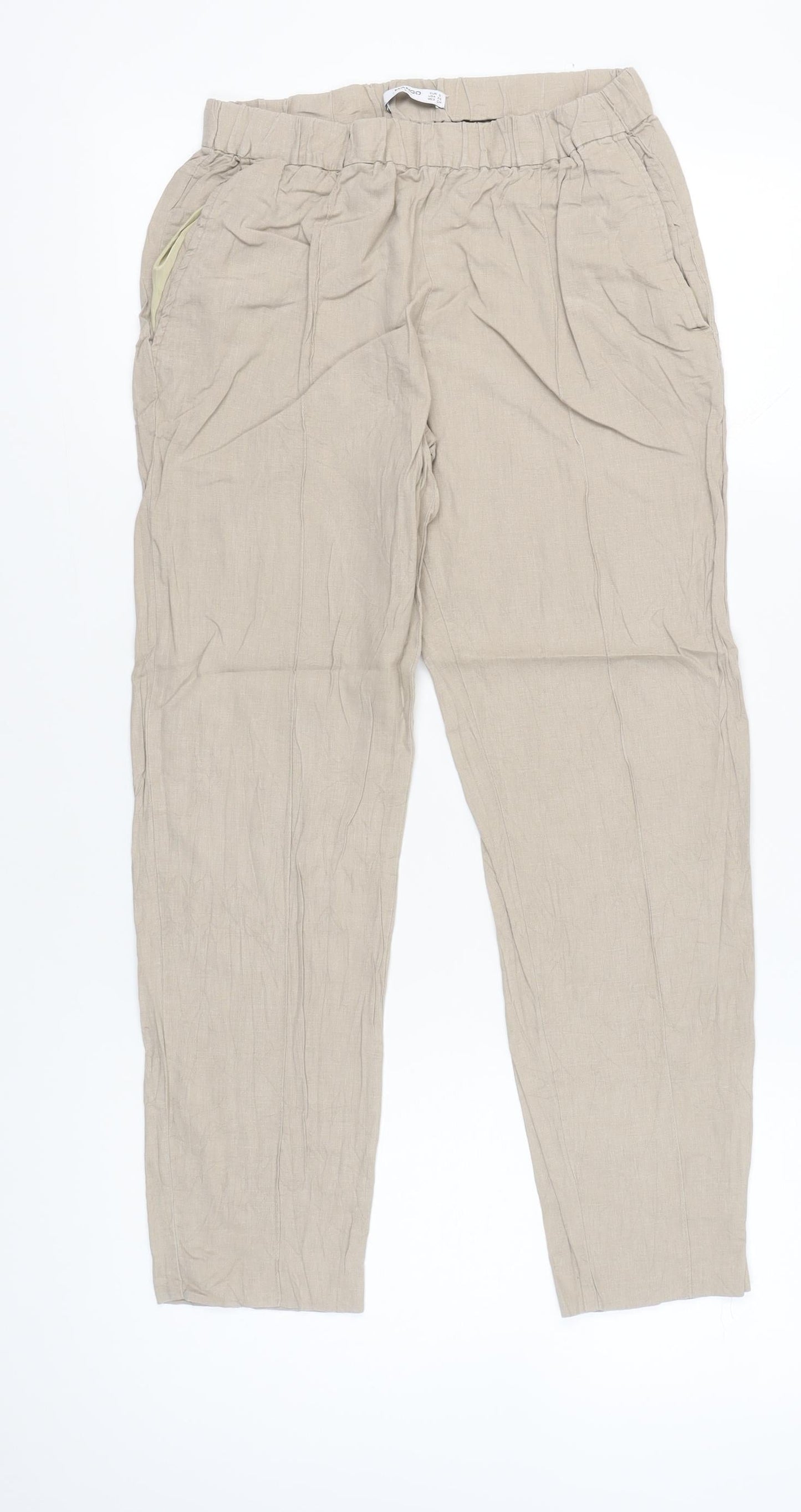 Mango Womens Beige Linen Blend Straight Leg Trousers Size 8