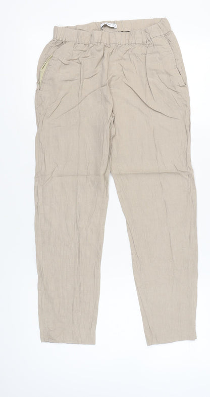 Mango Womens Beige Linen Blend Straight Leg Trousers Size 8