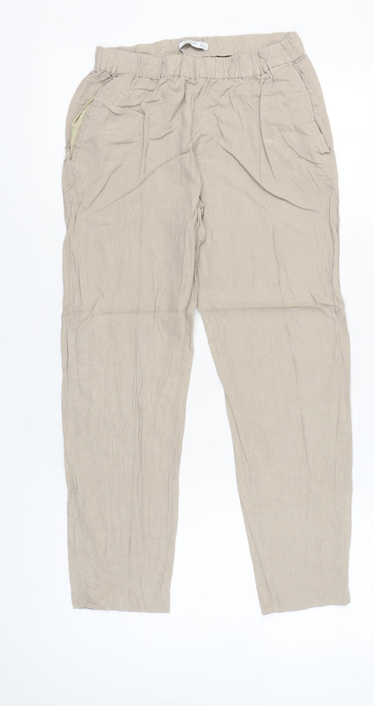 Mango Womens Beige Linen Blend Straight Leg Trousers Size 8