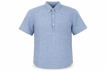 Front view of Easy Men's Blue Cotton Short Sleeve Button-Down Shirt, size S