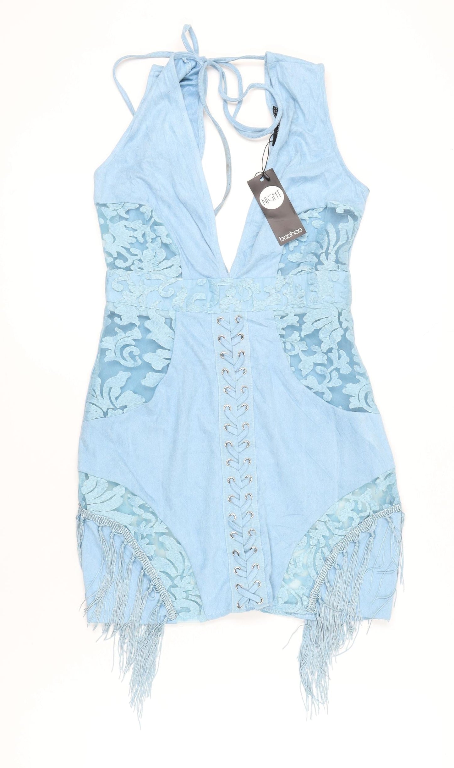 Boohoo Women Blue Halter Bodycon Mini Dress UK 10 Fringe Party