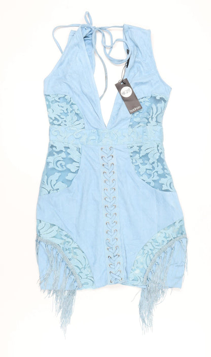 Boohoo Women Blue Halter Bodycon Mini Dress UK 10 Fringe Party