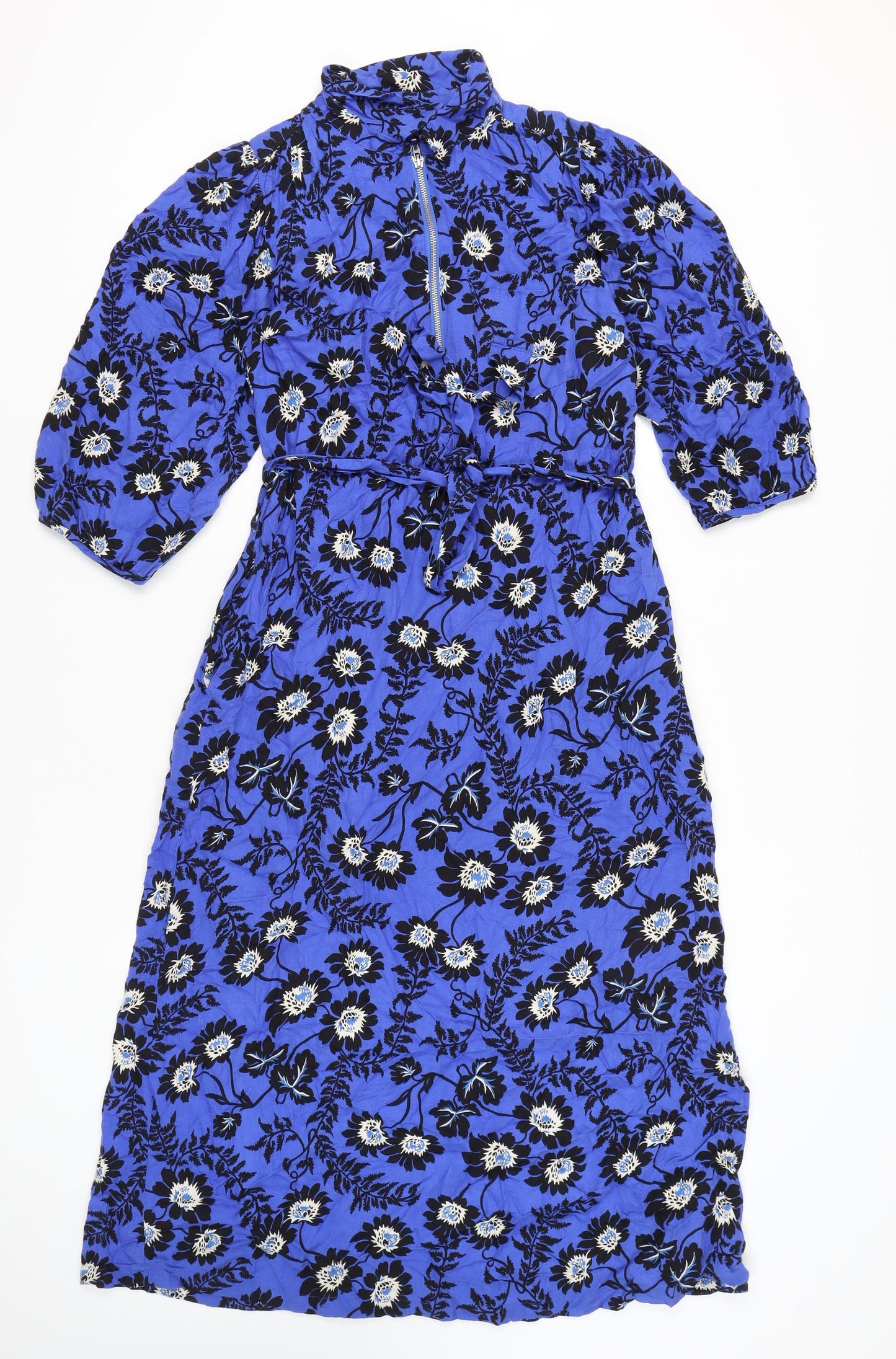 Next Women’s Blue Floral Midi Shirt Dress Size 12 High Neck