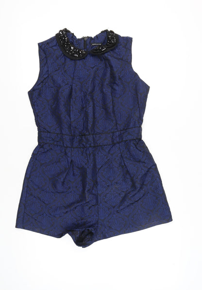 Warehouse Women’s Blue Jacquard Beaded Collar Sleeveless Playsuit Size 14