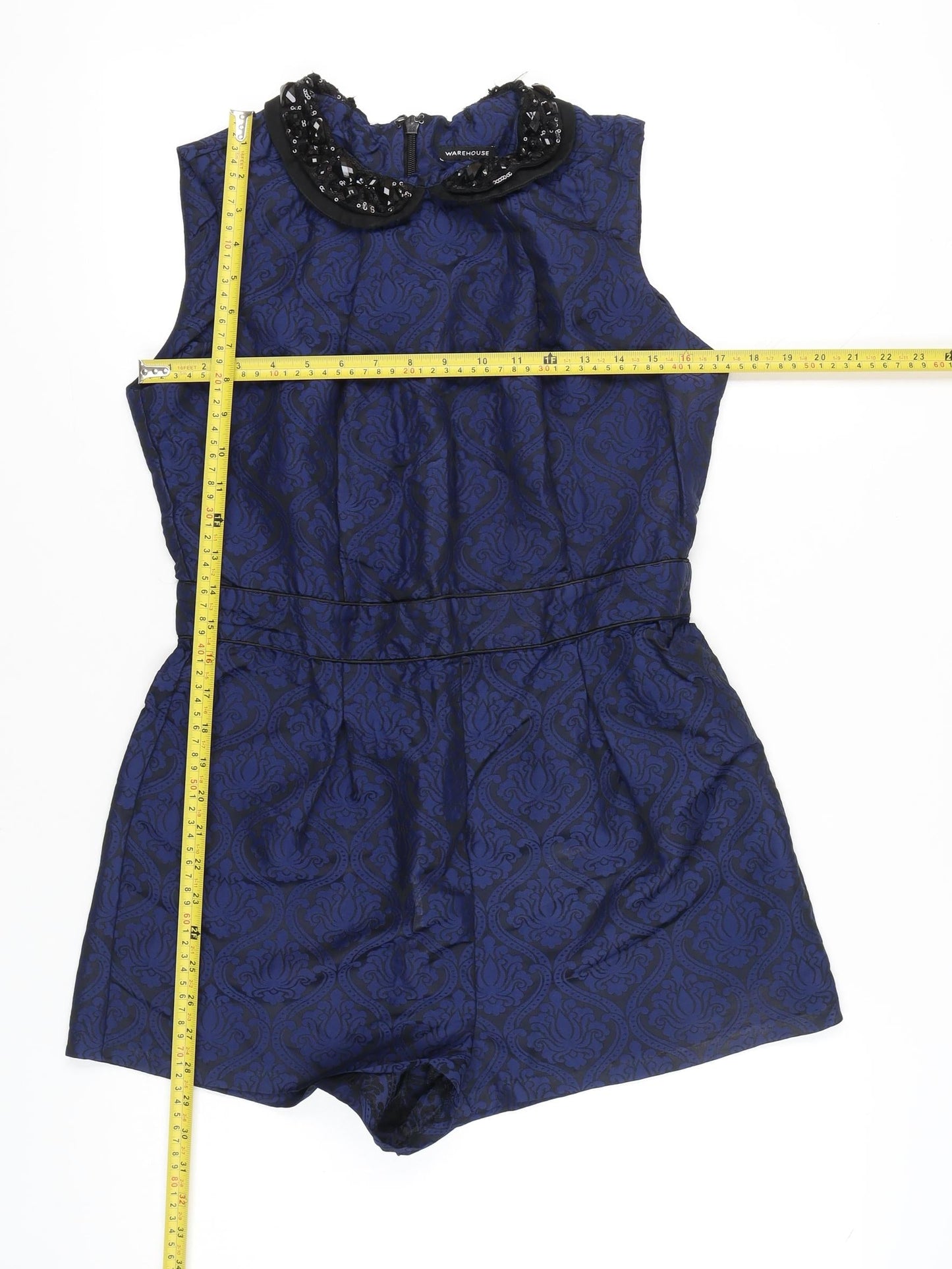 Warehouse Women’s Blue Jacquard Beaded Collar Sleeveless Playsuit Size 14