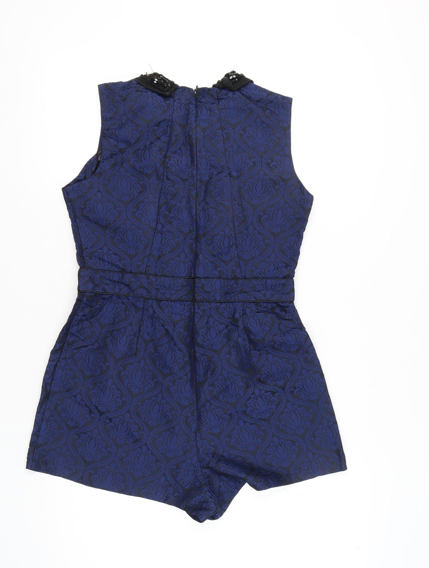 Warehouse Women’s Blue Jacquard Beaded Collar Sleeveless Playsuit Size 14