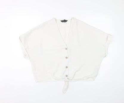 New Look Womens White Cropped Blouse UK 12 V-Neck Button Tie Casual