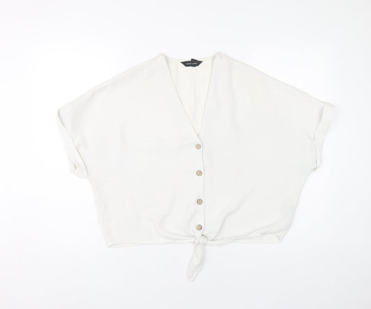 New Look Womens White Cropped Blouse UK 12 V-Neck Button Tie Casual