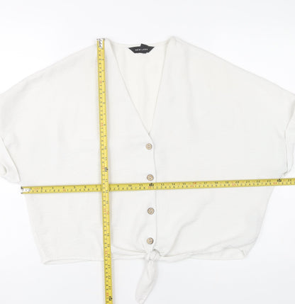 New Look Womens White Cropped Blouse UK 12 V-Neck Button Tie Casual