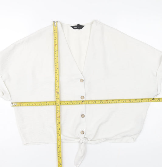 New Look Womens White Cropped Blouse UK 12 V-Neck Button Tie Casual