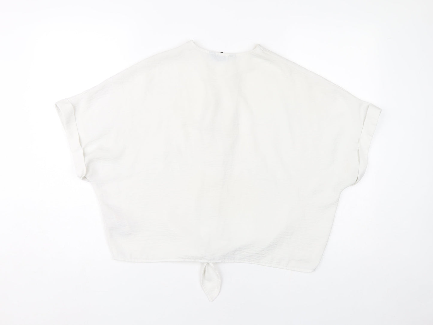 New Look Womens White Cropped Blouse UK 12 V-Neck Button Tie Casual