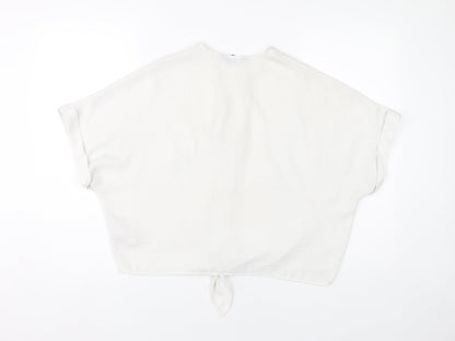 New Look Womens White Cropped Blouse UK 12 V-Neck Button Tie Casual
