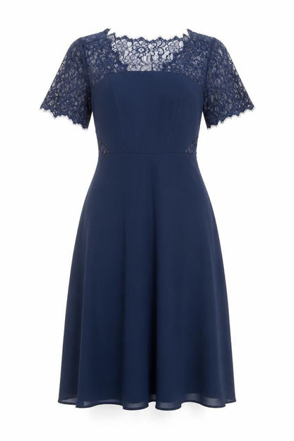 Front view of ASOS Women’s Blue Lace Midi A-Line Dress, size UK 8, Formal Party Wear