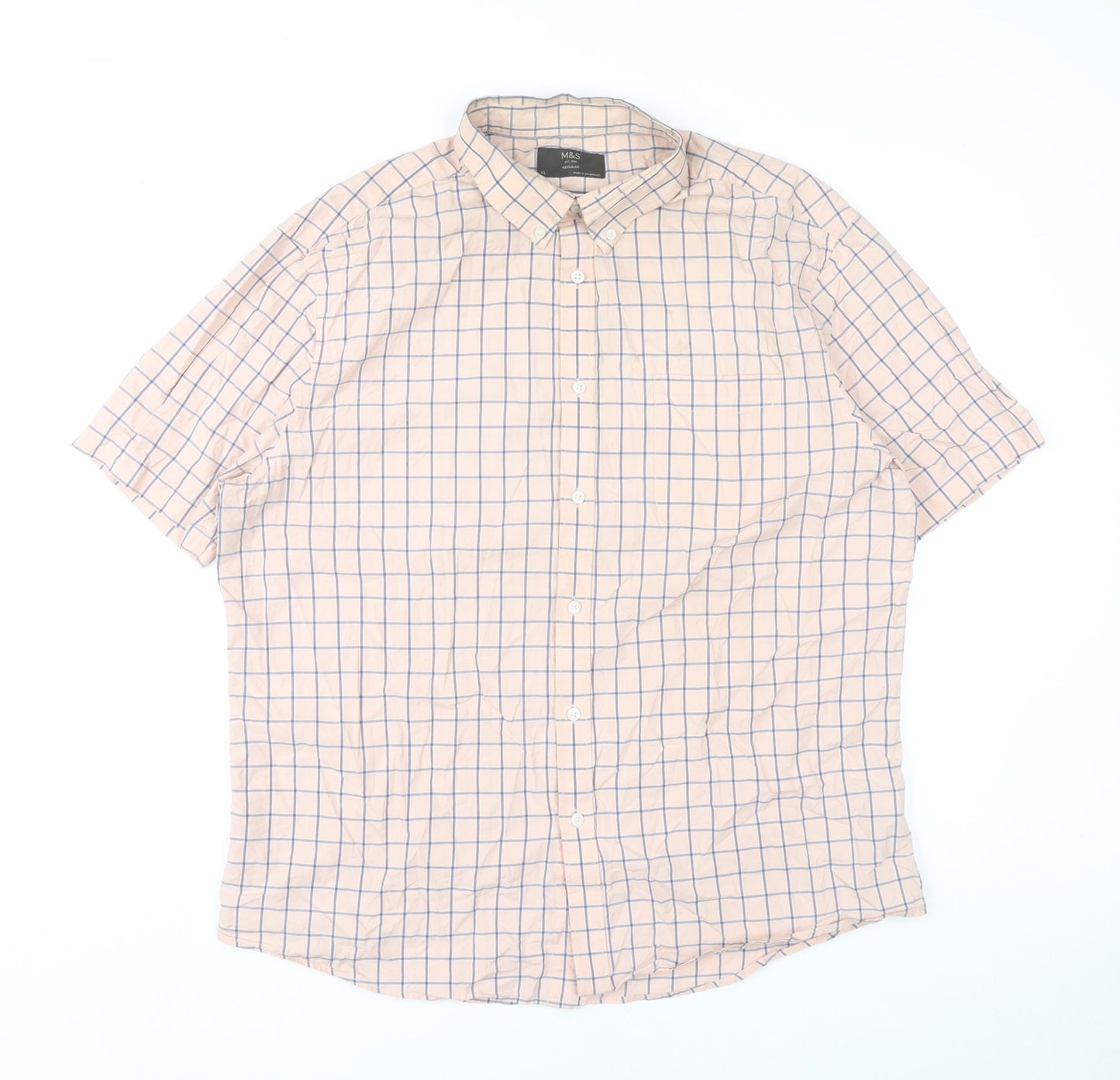 Marks and Spencer Mens Beige Check XL 44-46" Short Sleeve Cotton Shirt