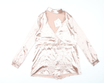 Missguided Women Pink Velvet Playsuit Size 6 Long Sleeve V-Neck