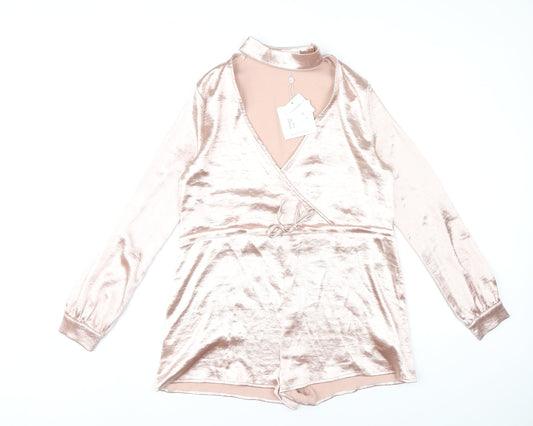 Missguided Women Pink Velvet Playsuit Size 6 Long Sleeve V-Neck