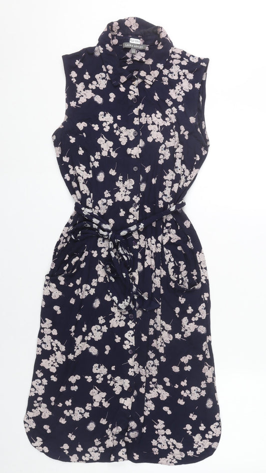 Laura Ashley Womens Blue Floral Shirt Dress Size 10 Collared Sleeveless