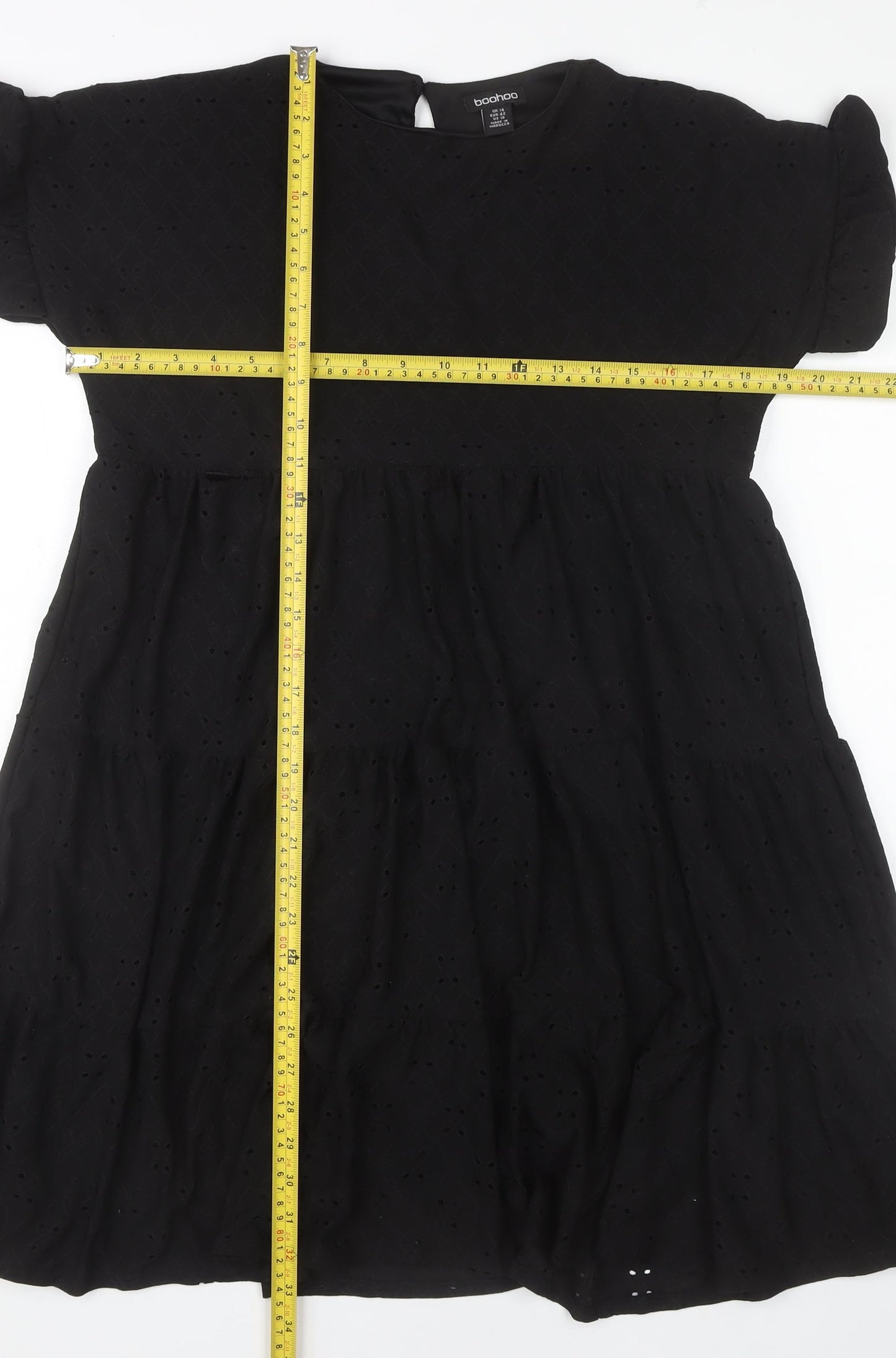 Boohoo Womens Black A-Line Puff Sleeve Knee Length Dress Size 14