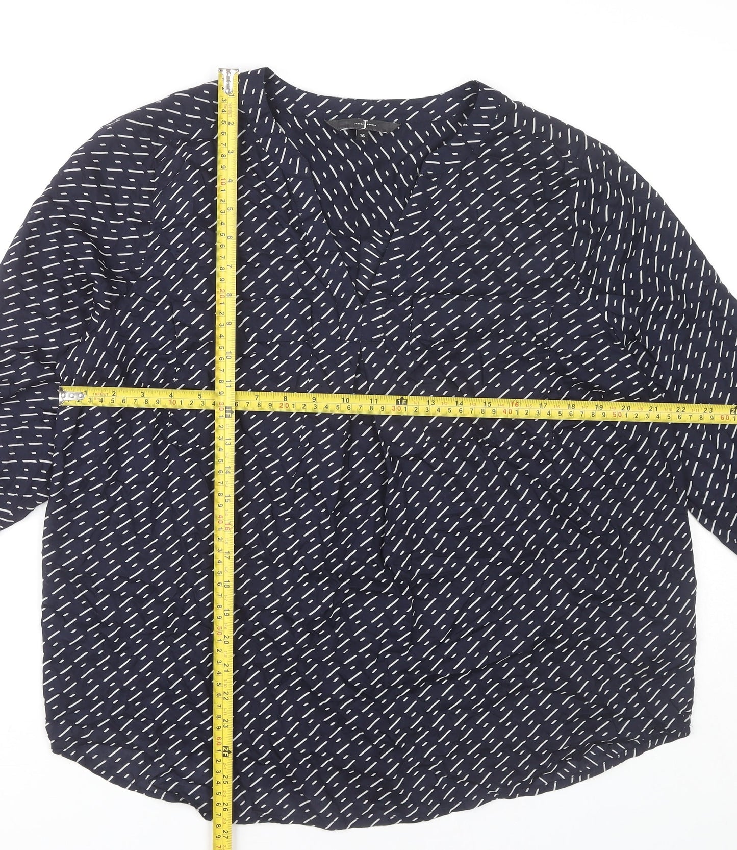 Jasper Conran Womens Blue Geometric Blouse Size 16 V-Neck 3/4 Sleeve