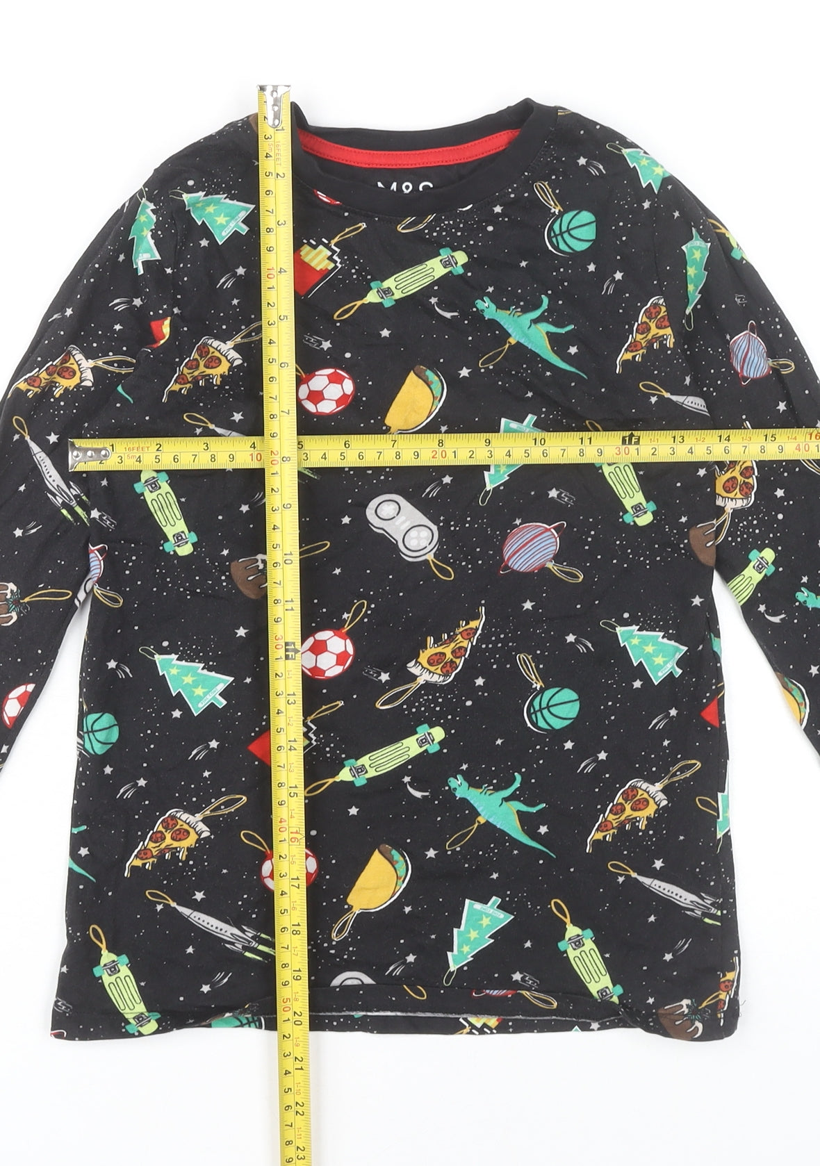 Marks and Spencer Boys Black 9-10 Years Long Sleeve Pyjama Top Dinosaur Food Print