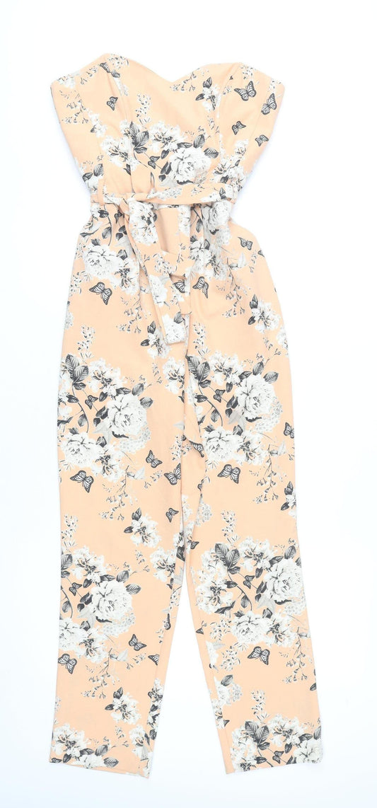 Miss Selfridge Women’s Peach Floral Jumpsuit Size 10 Strapless Belted