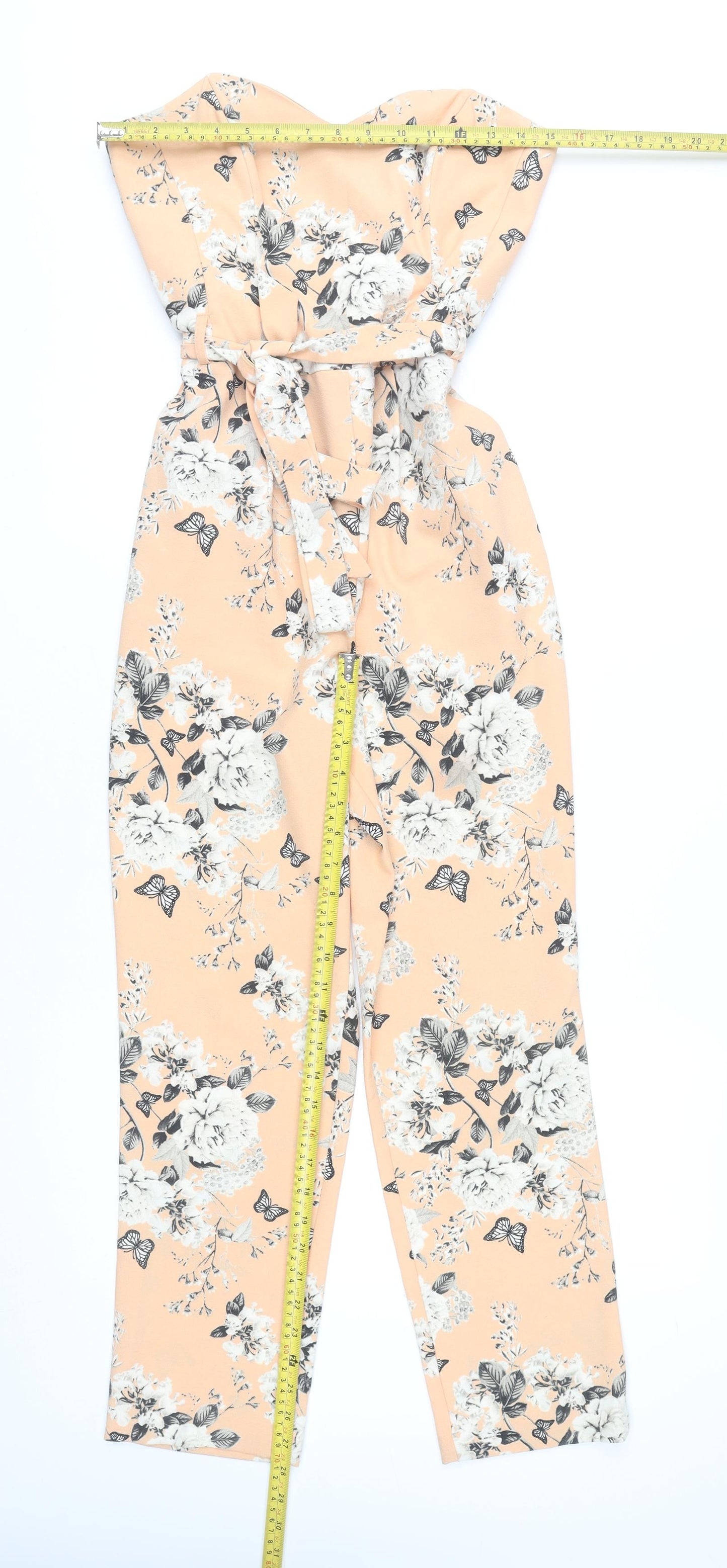 Miss Selfridge Women’s Peach Floral Jumpsuit Size 10 Strapless Belted