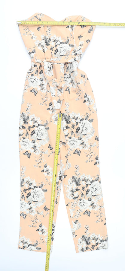 Miss Selfridge Women’s Peach Floral Jumpsuit Size 10 Strapless Belted