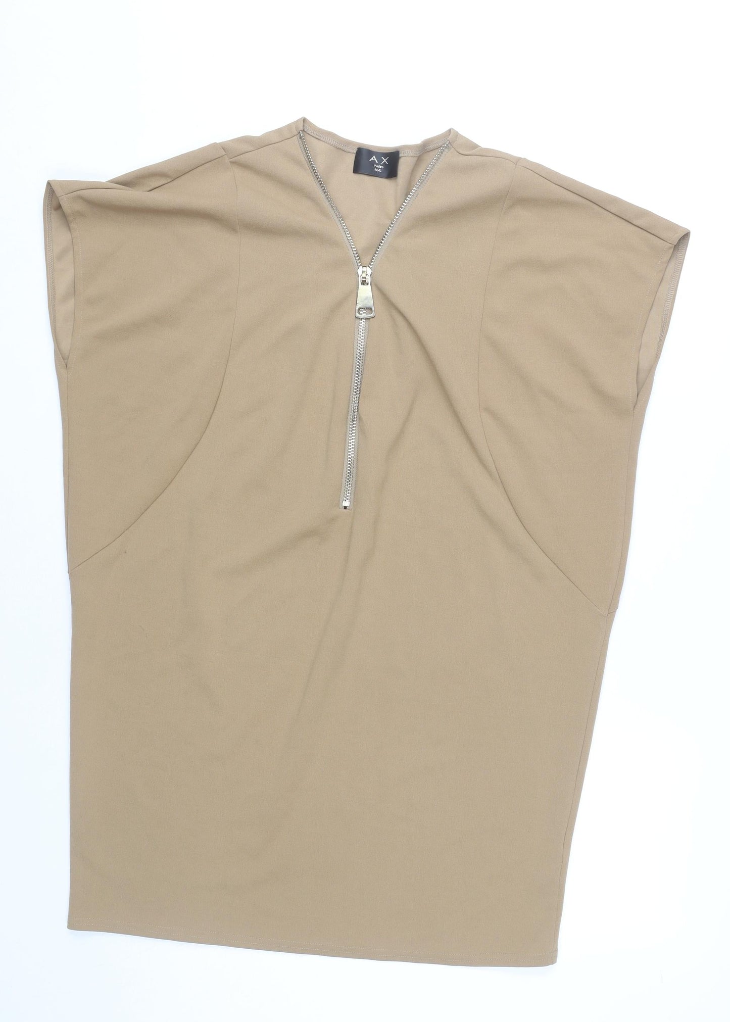 AX Paris Women’s Beige Shift Dress M Knee Length Zip V-Neck