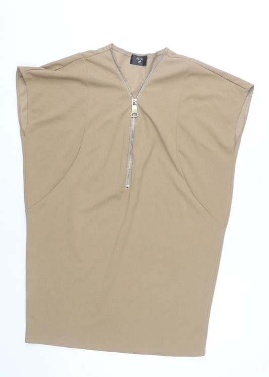 AX Paris Women’s Beige Shift Dress M Knee Length Zip V-Neck